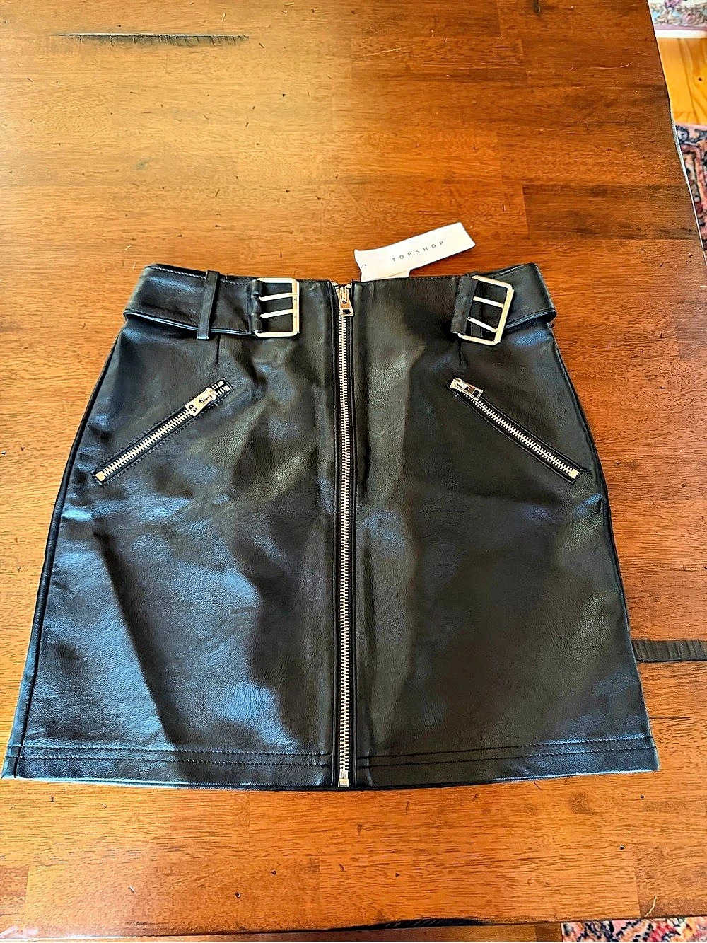 Topshop Faux Leather Zip Front Mini Skirt with Buckle Accents Black Waist 4